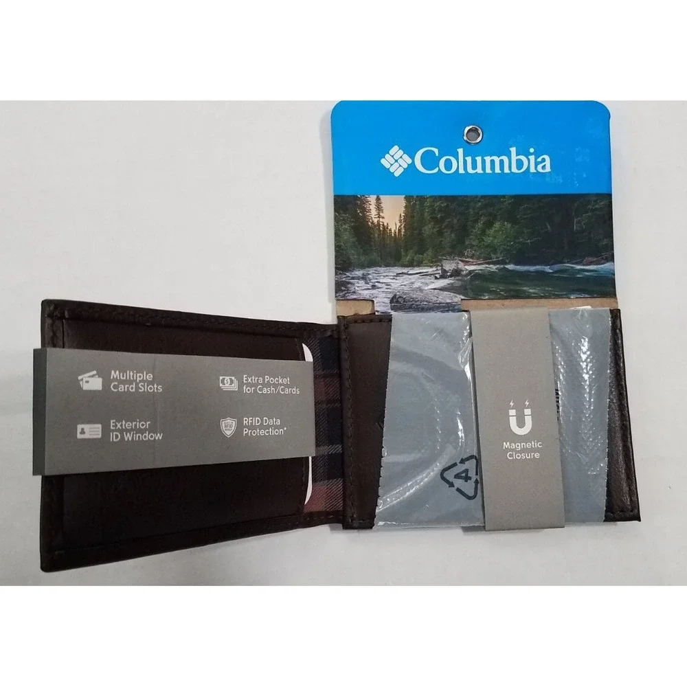 Columbia Brown Leather Men Wallet Card Case w Magnetic Closure RIFD Security NEW